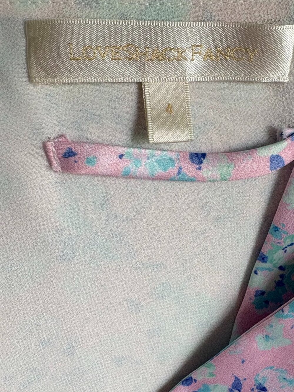 LoveShackFancy Floral Patchwork Dress Pink Green Puff Sleeve Tie Waist Size 4 - Picture 6 of 7